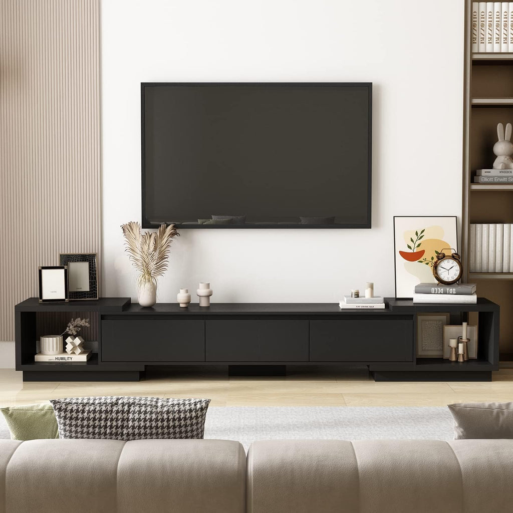 Expandable TV Stand Media Console Table, Modern Entertainment Center with Three Drawers and Two Open Shelves for Living Room Bedroom, Black (65.4-106.3”W x 15.7”D x 15.4”H)