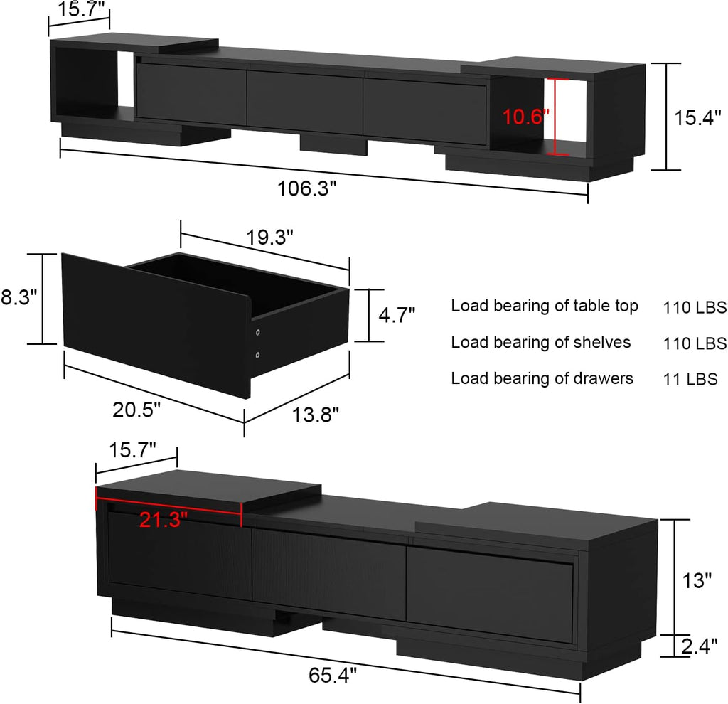Expandable TV Stand Media Console Table, Modern Entertainment Center with Three Drawers and Two Open Shelves for Living Room Bedroom, Black (65.4-106.3”W x 15.7”D x 15.4”H)