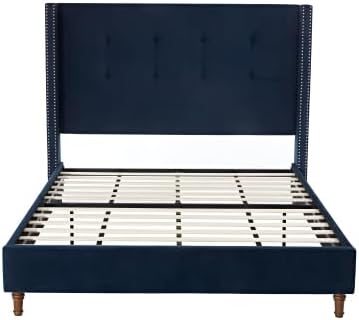Upholstered Bed Frame, 54" Tall Headboard Wingback Upholstered Platform Bed Frame for Kids Teens Adults Bedroom Strong Wood Slats Support/No Box Spring Needed (Blue, King)