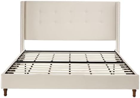 Upholstered Bed Frame, 54" Tall Headboard Wingback Upholstered Platform Bed Frame for Kids Teens Adults Bedroom Strong Wood Slats Support/No Box Spring Needed (Ivory Velvet, King)