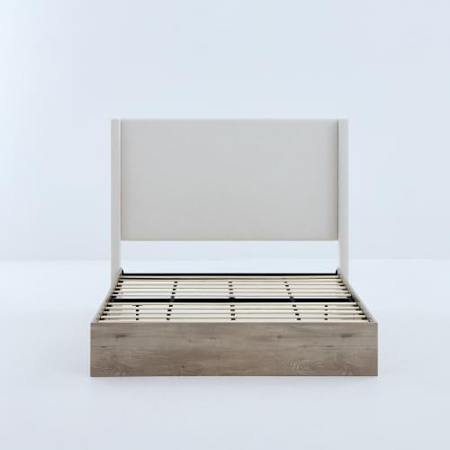 Queen Size Upholstered Platform Bed Frame, 54" High Headboard Shelton Wingback Bed Frames, Wood Base Platform Beds Bedframe, No Box Spring Needed No Noise, Rustic Farmhouse Modern, Ivory