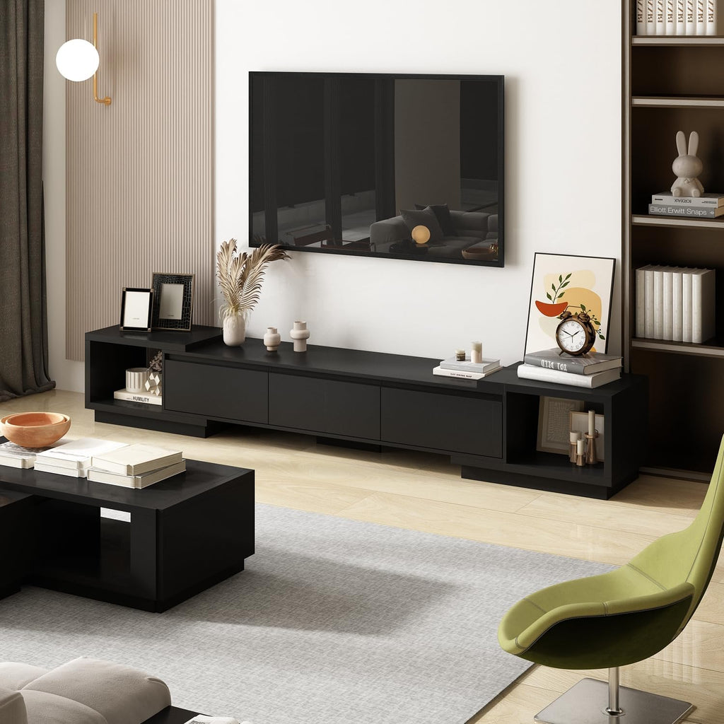 Expandable TV Stand Media Console Table, Modern Entertainment Center with Three Drawers and Two Open Shelves for Living Room Bedroom, Black (65.4-106.3”W x 15.7”D x 15.4”H)