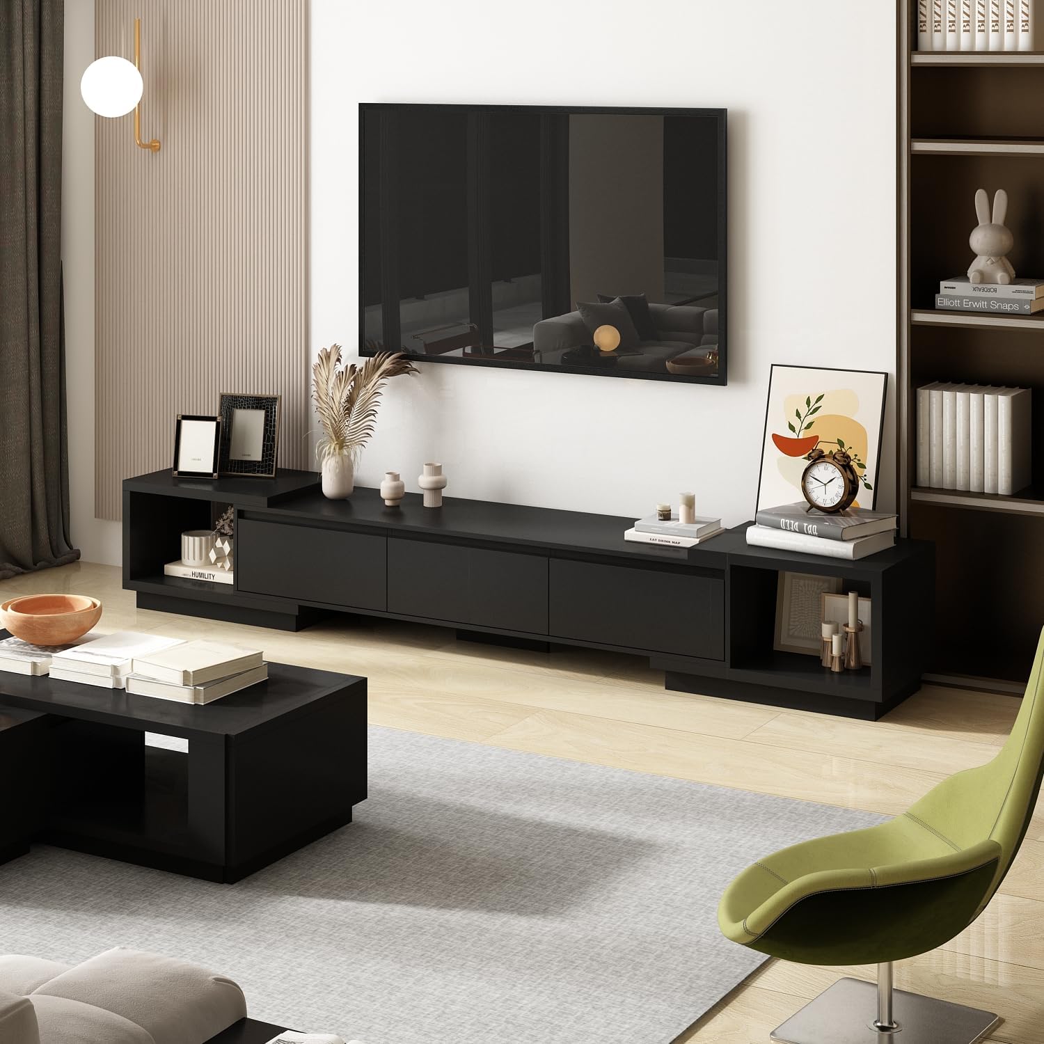 Expandable TV Stand Media Console Table, Modern Entertainment Center with Three Drawers and Two Open Shelves for Living Room Bedroom, Black (65.4-106.3”W x 15.7”D x 15.4”H)