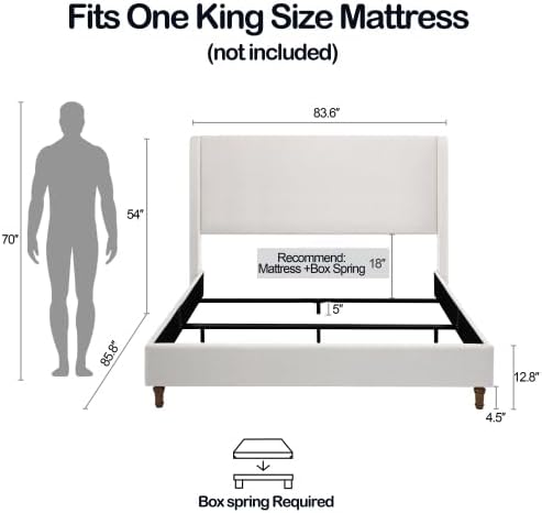 Upholstered Bed Frame Queen Size, 54" Tall Headboard Wingback Platform Bed Frame for Teens Adults Bedroom Without Wooden Slatst/Box Spring Request/Easy Assembly, Textured Ivory Canvas