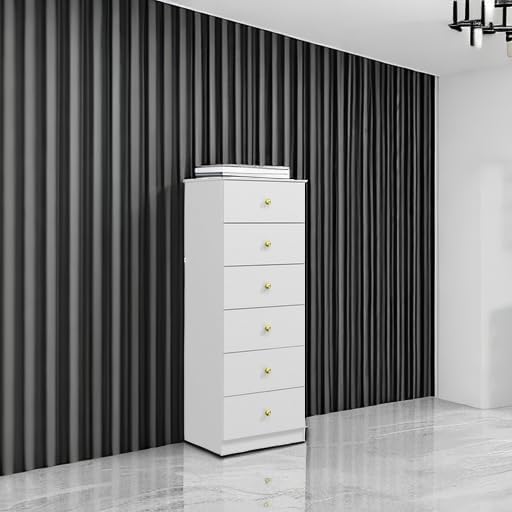 Panana Modern 6 Drawer Vertical Dresser, Wood Tall Chest of Drawers N Arrow Storage Organizer with Wide Drawers & Metal Gold Handles for Bedroom, Living Room, Office, Hallway, Entryway (White)
