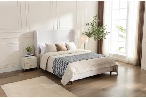 Upholstered Bed Frame King Size, 54" Tall Headboard Wingback Platform Bed Frame for Teens Adults Bedroom Without Wooden Slatst/Box Spring Request/Easy Assembly, Textured Ivory Canvas