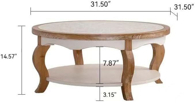 WILLIAMSPACE 31.5" Round Coffee Table with Open Storage, Farmhouse Solid Wood Circle Center Table with Tempered Glass Top 2-Tier Tea Table for Living Room, Easy Assembly (White & Natural Wood Finish)