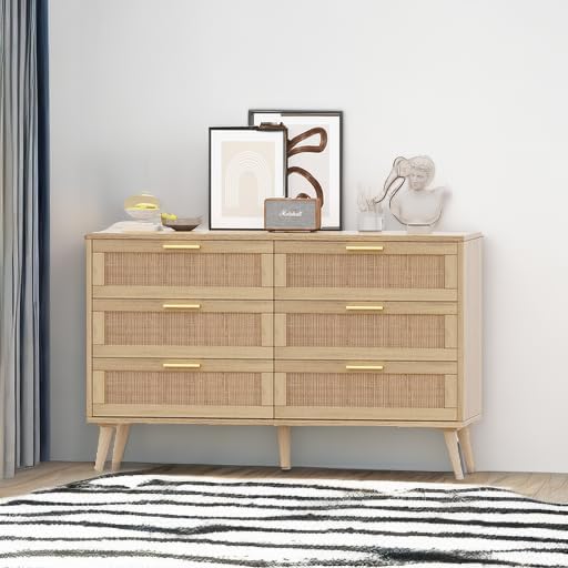Rovaurx Rattan 6 Drawer Double Dresser for Bedroom, 47.2" Wide Boho Chest of Drawers, Modern Wooden Dresser Chest with Golden Handles, Beside Table for Closet, Living Room and Entryway, Natural Oak