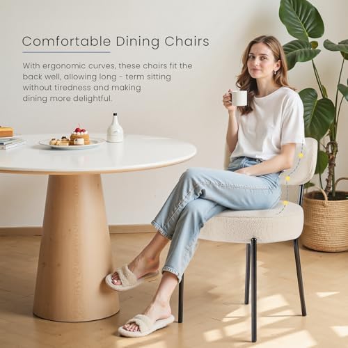 DUMOS Dining Chairs Set of 2, Mid Century Modern Chair Round Upholstered Curved Backrest, Kitchen Vanity Living Room Chairs with Black Metal Legs，Light Beige