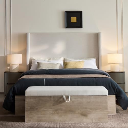 Queen Size Upholstered Platform Bed Frame, 54" High Headboard Shelton Wingback Bed Frames, Wood Base Platform Beds Bedframe, No Box Spring Needed No Noise, Rustic Farmhouse Modern, Ivory