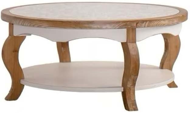 WILLIAMSPACE 31.5" Round Coffee Table with Open Storage, Farmhouse Solid Wood Circle Center Table with Tempered Glass Top 2-Tier Tea Table for Living Room, Easy Assembly (White & Natural Wood Finish)