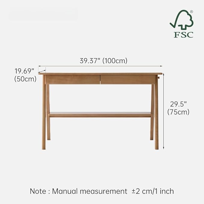 100% Solid Wood Desk with 2 Drawers, Home Office Computer Desk, Mid Century Modern Oak Desk for Study Writing 39" W