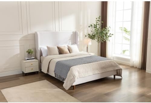 Upholstered Bed Frame Queen Size, 54" Tall Headboard Wingback Upholstered Platform Bed Frame for Bedroom Strong Wood Slats Support/No Box Spring Needed/Easy Assembly, Ivory Chenille