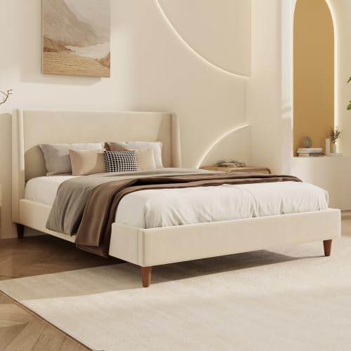 King Size Upholstered Platform Bed Frame, Modern Wingback Bed with Headboard, Upholstered Bed Frames with Walnut Wooden Legs, No Box Spring Needed/Easy Assembly, Beige Velvet