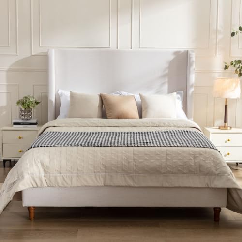 Upholstered Bed Frame Queen Size, 54" Tall Headboard Wingback Platform Bed Frame for Teens Adults Bedroom Without Wooden Slatst/Box Spring Request/Easy Assembly, Textured Ivory Canvas