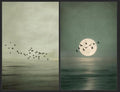 HUARCEY Large Coastal Moon and Flying Birds Framed Artwork 16x24 Canvas Prints, Wall Art Set of 2, Vintage Zen Minimalist Style, Neutral Dark Green Wall Decor for Bedroom Living Room