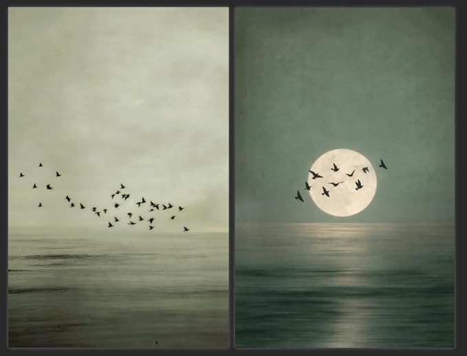 HUARCEY Large Coastal Moon and Flying Birds Framed Artwork 16x24 Canvas Prints, Wall Art Set of 2, Vintage Zen Minimalist Style, Neutral Dark Green Wall Decor for Bedroom Living Room