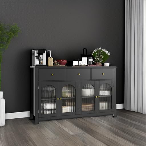 FINETONES Buffet Cabinet with Storage, 55.1" Large Sideboard Buffet Farmhouse Kitchen Cabinet with 3 Drawers and 4 Doors, Wood Coffee Bar for Kitchen, Black