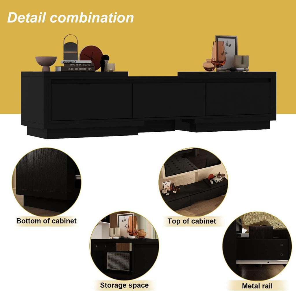 Expandable TV Stand Media Console Table, Modern Entertainment Center with Three Drawers and Two Open Shelves for Living Room Bedroom, Black (65.4-106.3”W x 15.7”D x 15.4”H)