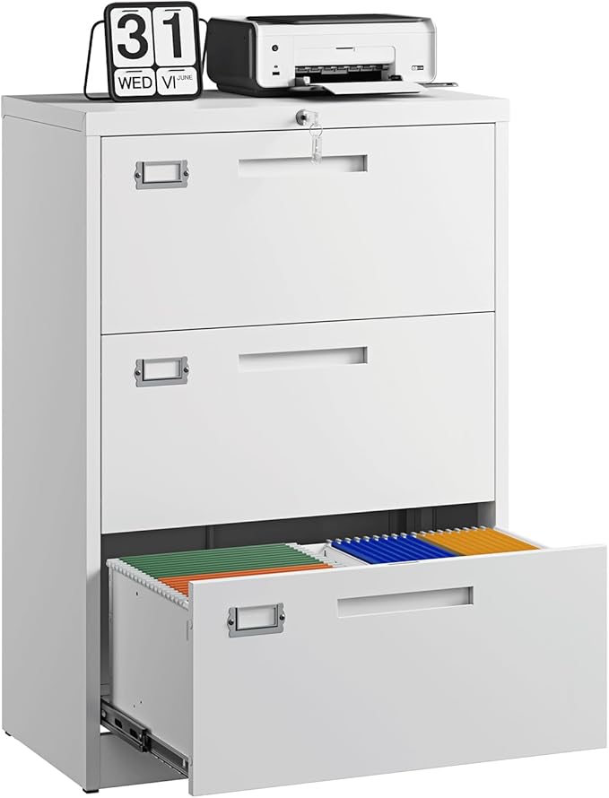 Letaya 3 Drawer File Cabinets with Lock,Metal Lateral Filing Storage Cabinet Printer Stand,White Steel Home Office Cabinet for Hanging Files Letter/Legal/A4 Size (White, H39.84×W28.35×D15.74)