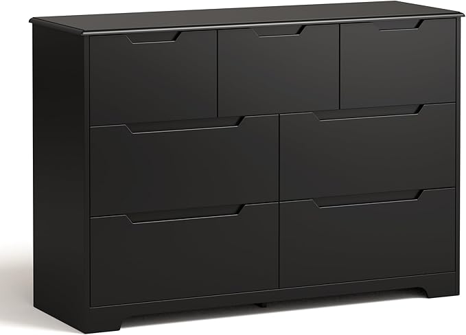 Gizoon 7 Drawer Dresser, 48" Wide Wood Chest of Drawers for Bedroom, Black Modern Storage Organizer, Handle Free Design, Living Room, Kids Room, Entryway, Hallway, Black