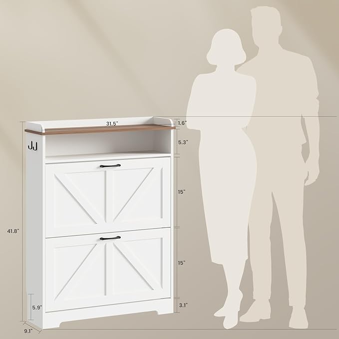 Shoe Cabinet Organizer with 2 Flip Drawers, Farmhouse Narrow Shoe Cabinet with 2 Adjustable Shelves & 2 Hooks, Shoe cabinet storage for entryway, Foyer, Hallway, White, 31.5"W x 8.7"D x 41.7"H