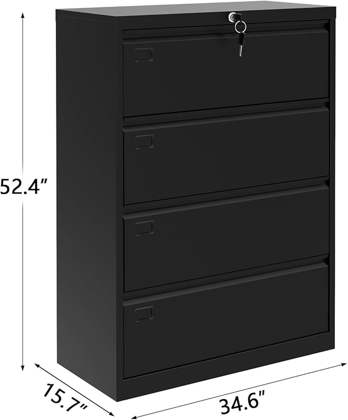 GarveeHome 4-Drawer Lateral File Cabinet with Lock, Heavy Duty Steel Office Storage for Letter/Legal/A4 Documents, Easy Assembly Space-Saving Design - Black
