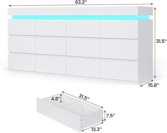 HAUOMS 12 Drawer Dresser with LED Light, White Modern Chest of Drawers for Bedroom,Long Dressers with Drawers for Living Room, Entryway, Hallway
