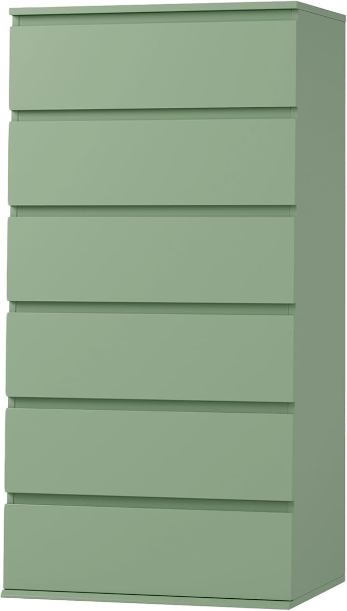 FOTOSOK Green Dresser, 6 Drawer Dresser, Modern Tall Floor Storage Cabinet with Metal Sliding Rail, Wooden Handleless Drawer Cabinet, 6-Layer Large Capacity Vertical Dressers for Home & Office