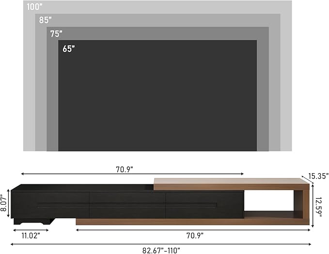 Hlivelood Extendable TV Stand, Modern Entertainment Center for Up to 120 Inch TV, Wood Reversible TV Media Console with 3 Drawers for Living Room Bedroom, 82-110"(Black& Walnut)