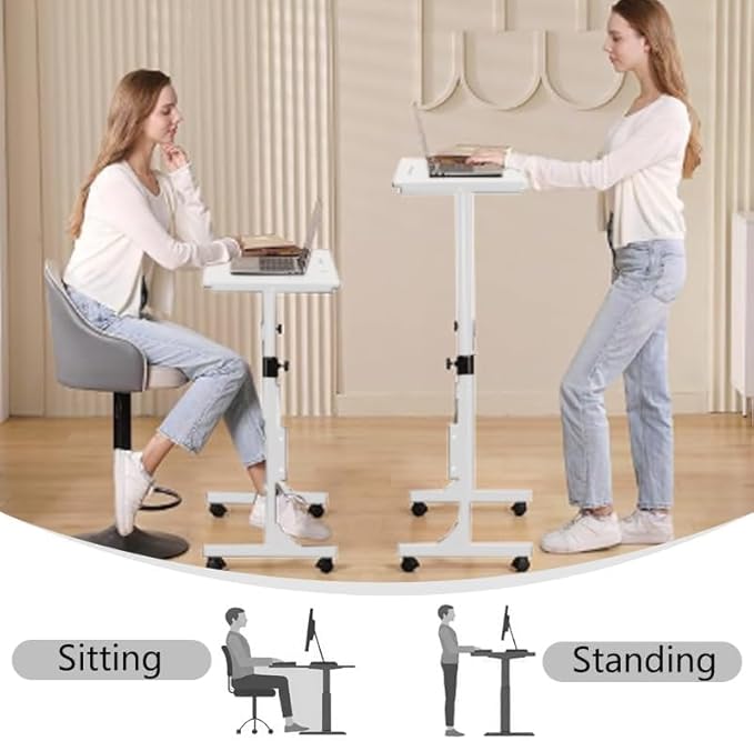 Portable Standing Desk Adjustable Height 27.5"-43.3", Small Computer Desk with Wheels, Foldable Home Office Desk, Folding Table for Laptop, Rolling Desk for Small Space, White