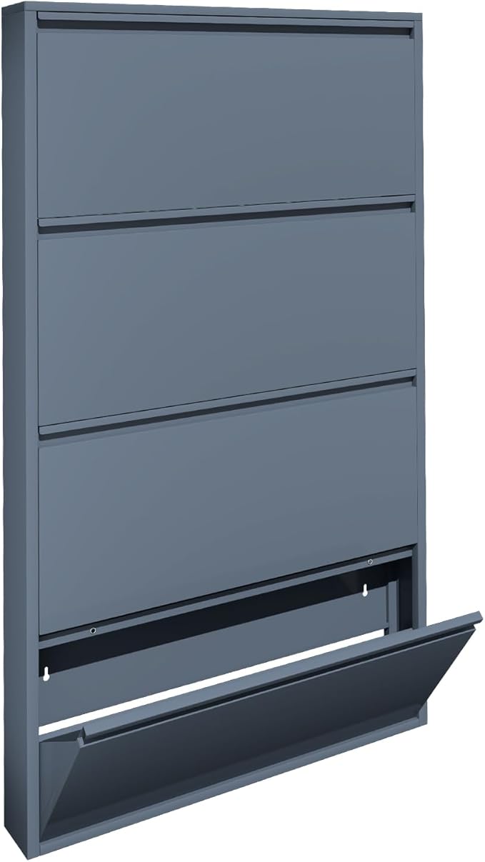 LUCYPAL Shoe Storage Cabinet with 4 Flip Drawers,Hidden Slim Shoe Cabinet,Wall Mount Metal Shoe Cabinet for Entryway, Blue