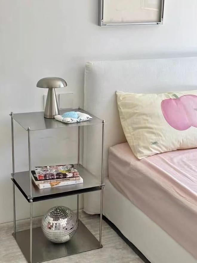Modular Stainless Steel Shelving Unit, Silver Metal Storage Rack, Modern Living Room Side Table,Coffe Table(H24.4'')