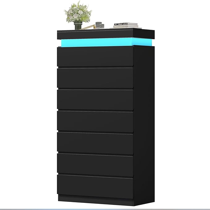 HAUOMS Tall 7 Drawer Dresser with LED Light, Black Modern Chest of Drawers for Bedroom,Closet Dressers with Drawers for Living Room, Entryway, Hallway