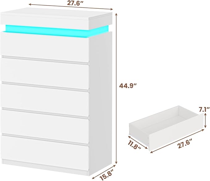 HAUOMS Tall 5 Drawer Dresser with LED Light, White Modern Chest of Drawers for Bedroom,Closet Dressers with Drawers for Living Room, Entryway, Hallway