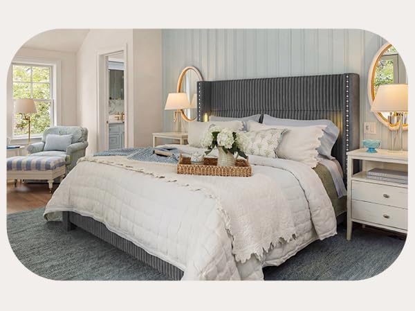 Queen Bed Frame with 56.7" Tall Headboard & Reading Lights, Corduroy Upholstered Wingback Platform Bed with Charging Station, Modern Retro Design, Noise Free, No Box Spring Required, Grey