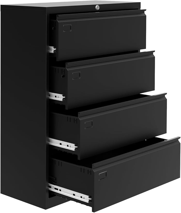 GarveeHome 4-Drawer Lateral File Cabinet with Lock, Heavy Duty Steel Office Storage for Letter/Legal/A4 Documents, Easy Assembly Space-Saving Design - Black