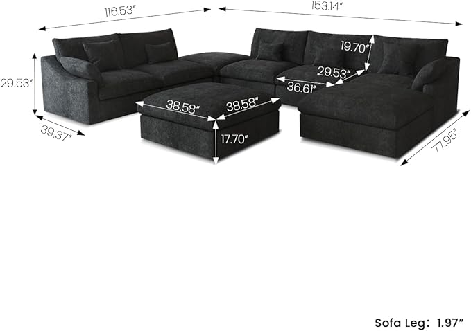 Modular Sectional Sofa Cloud Couch, Oversized 8 Seater Couch with Ottomans, Extra Large V Shaped Sofas Deep Seat Couches for Living Room, Sofa Covers Washable&Removable, Black