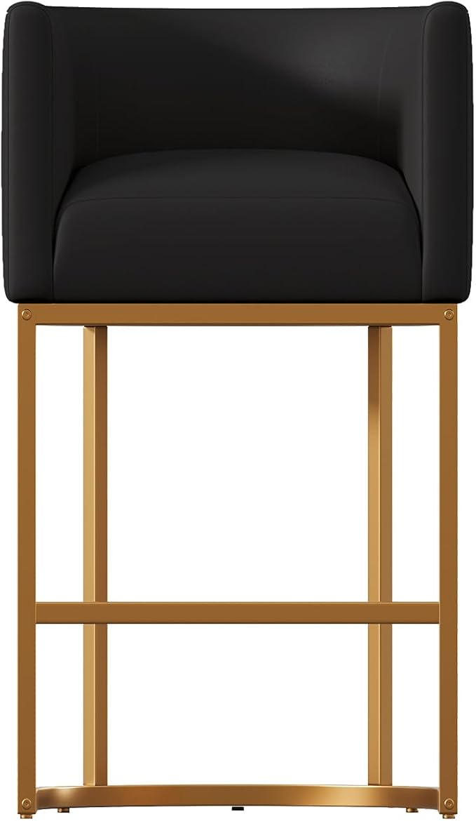 24" Modern Counter Height Bar Stools,PU Leather Upholstered Barrel Barstools with Backs,Island Chairs Bar Stools Set of 1,Metal Gold Frames Ink Black Leather