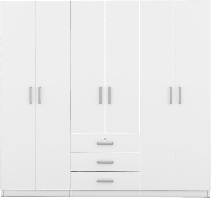 6 Door Armoire Wardrobe Closet with Big 3 Drawers, Wooden Freestanding Bathroom Armoire Cabinet with Shelves and Hanging Rod, Clothes Storage Organizer for Bedroom, Guest Room (White-8)