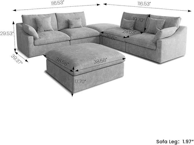 Modular Sectional Sofa Cloud Couch, Oversized 5 Seater Couch with Ottomans, Extra Large V Shaped Deep Seat Couches for Living Room, Sofa Covers Washable&Removable, Grey