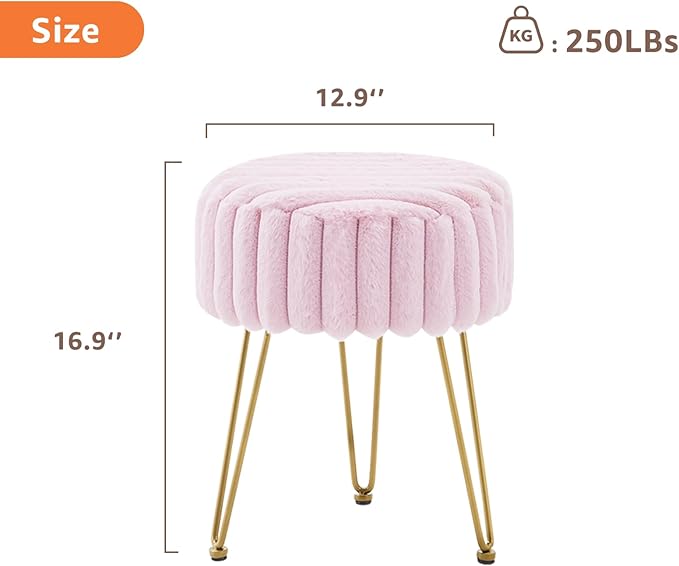 Vanity Stool,Faux Fur Ottoman Foot Stool, Dressing Table Seat with Metal Leg Vanity Chair for Bedroom, Living Room, Entryway, Offices