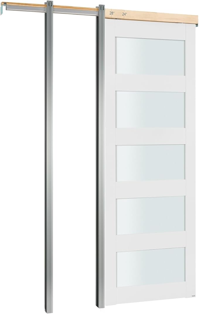 VEVOR Sliding Pocket Door, 30" x 80", 5-Lite Frosted Glass with Hardware Kit, Sturdy Solid Wood & MDF Pocket Doors Slab with Waterproof Surface, Pre-Drilled Doors Panel, Need to Assemble