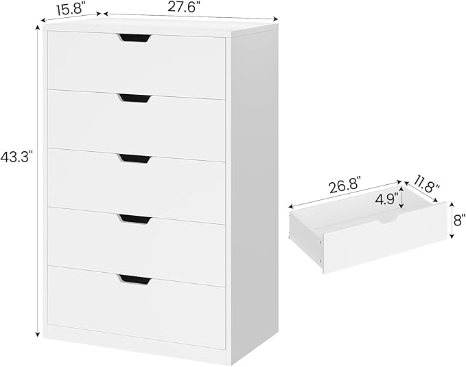 HAUOMS Tall 5 Drawer Dresser, White Modern Chest of Drawers for Bedroom,Closet Dressers with Drawers for Living Room, Entryway, Hallway