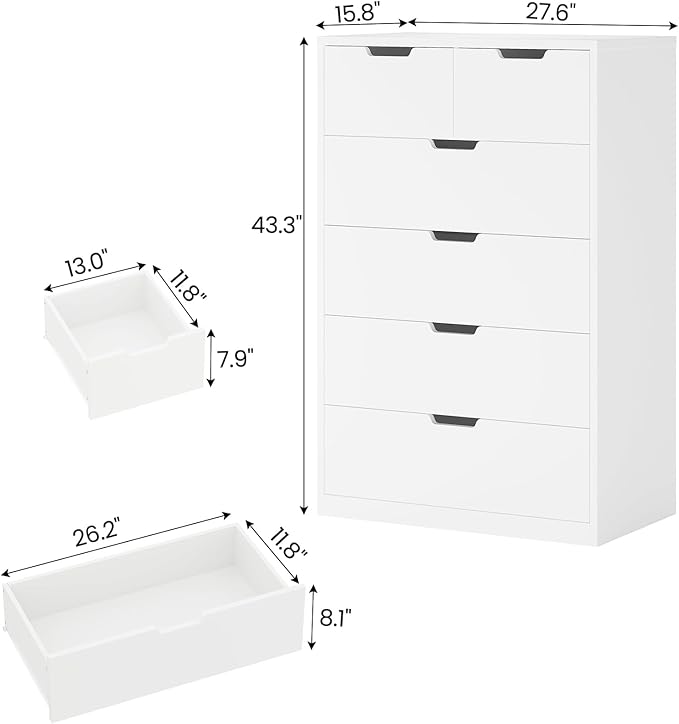 HAUOMS Tall 6 Drawer Dresser, White Modern Chest of Drawers for Bedroom,Closet Dressers with Drawers for Living Room, Entryway, Hallway
