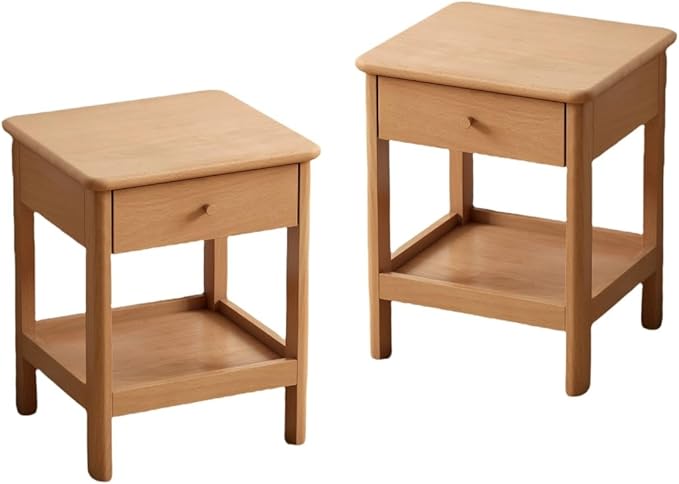 Wood Side Table Set of 2, Small Wooden Bedside Table with Drawer and Open Storage, Wooden Night Stand for Bedroom, Living Room, Natural, 18.5" H
