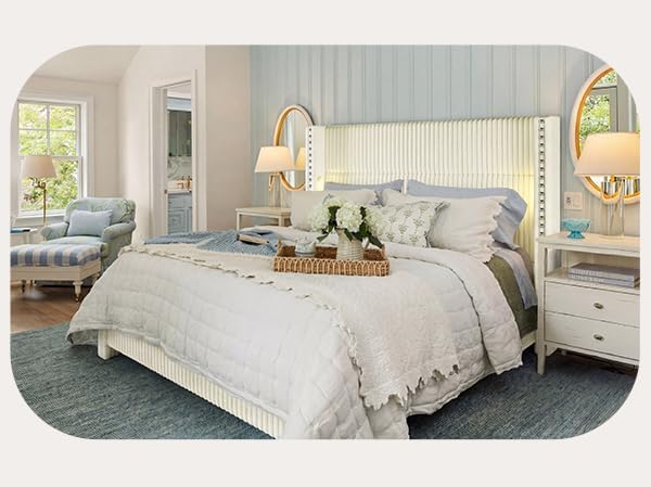 Queen Bed Frame with 56.7" Tall Headboard & Reading Lights, Corduroy Upholstered Wingback Platform Bed with Charging Station, Modern Retro Design, Noise Free, No Box Spring Required, Cream