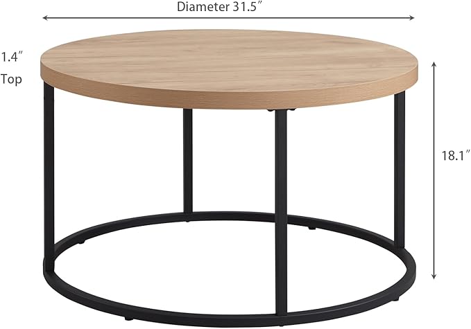 CENSI 31.5" Round Coffee Table, Modern Industrial Natural Oak Wood Center Table for Living Room, Sturdy Metal Legs, Thick 1.4" Scratch-Resistant Surface, Mid Century Farmhouse Circle Table