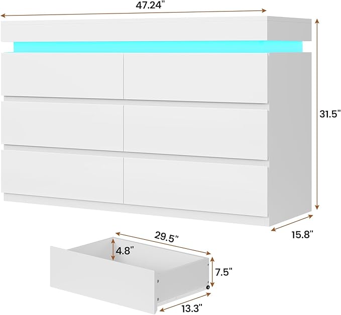 HAUOMS 6 Drawer Dresser with LED Light, White Modern Chest of Drawers for Bedroom,Closet Dressers with Drawers for Living Room, Entryway, Hallway