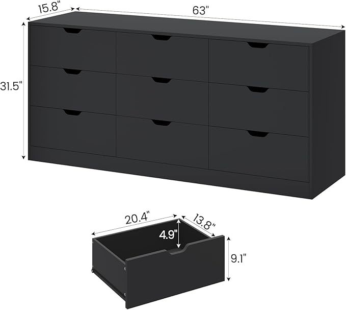 HAUOMS 9 Drawer Dresser for Bedroom, Large Black Chest of Drawers for Bedroom,Long Modern Dressers with Drawers for Living Room, Hallway